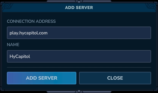 Hytale Add Server screen with server address field